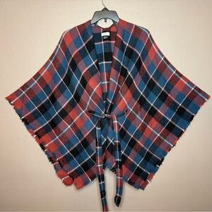 David & Young Ruana Plaid Poncho in Red & Blue Tartan Plaid Tie Waist Fringe OS